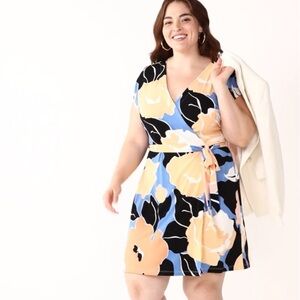 Nine West Dolman Sleeve V Neck Wrap Dress Floral Blue Black size 3X